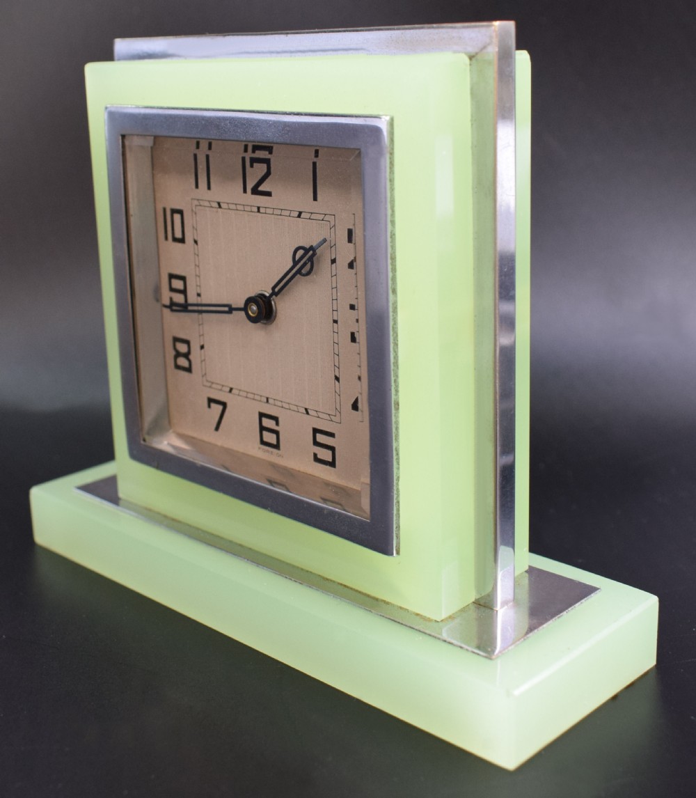 1930's Art Deco Green Glass & Chrome Clock View V
