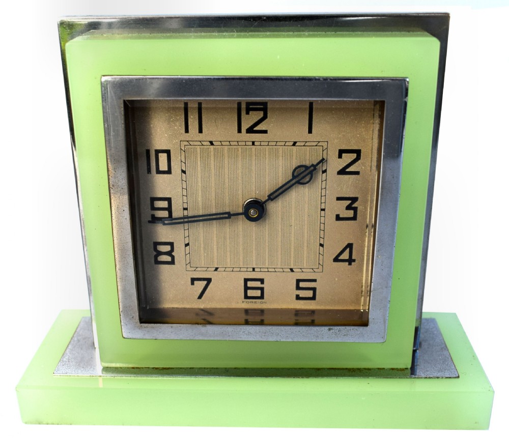 1930's Art Deco Green Glass & Chrome Clock View VI