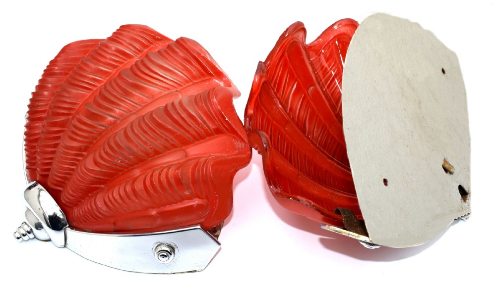 1930's Art Deco Tomato Red Pair of Matching Shell Wall Lights View II