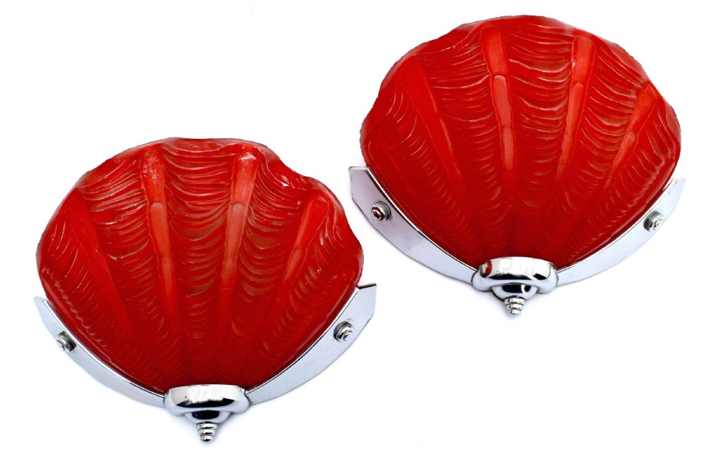 1930's Art Deco Tomato Red Pair of Matching Shell Wall Lights View III