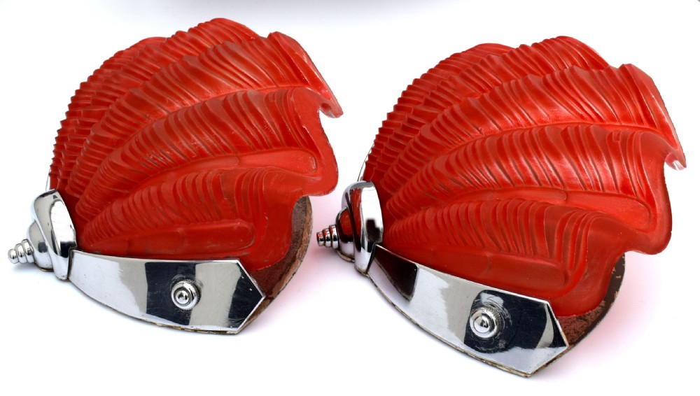1930's Art Deco Tomato Red Pair of Matching Shell Wall Lights View IV