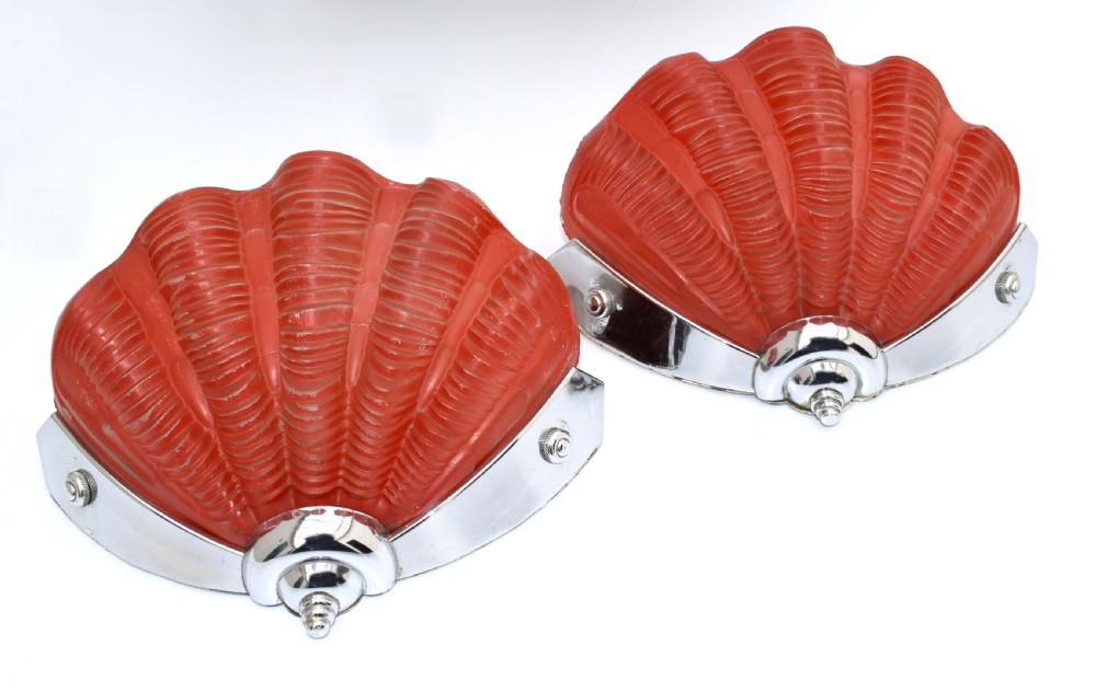 1930's Art Deco Tomato Red Pair of Matching Shell Wall Lights View V