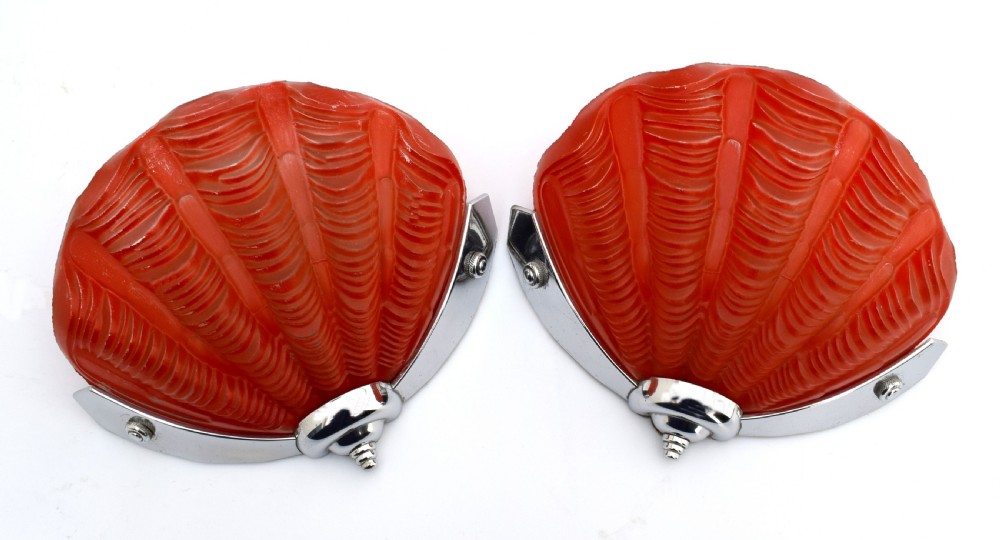 1930's Art Deco Tomato Red Pair of Matching Shell Wall Lights View VI