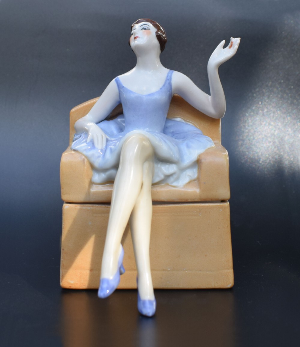 Rare Art Deco Ceramic Flapper Trinket Box By Fasold & Stauch, Circa 1930