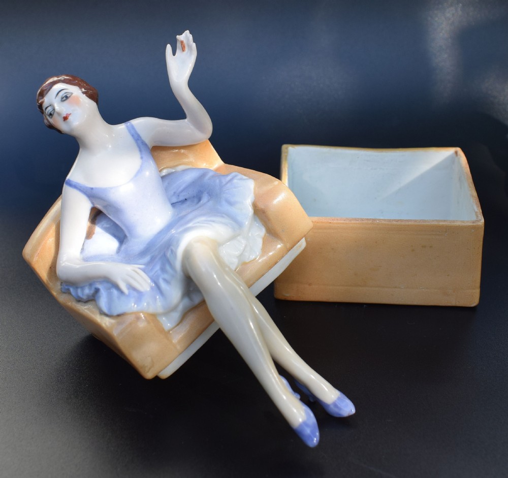 Rare Art Deco Ceramic Flapper Trinket Box By Fasold & Stauch, Circa 1930 View V