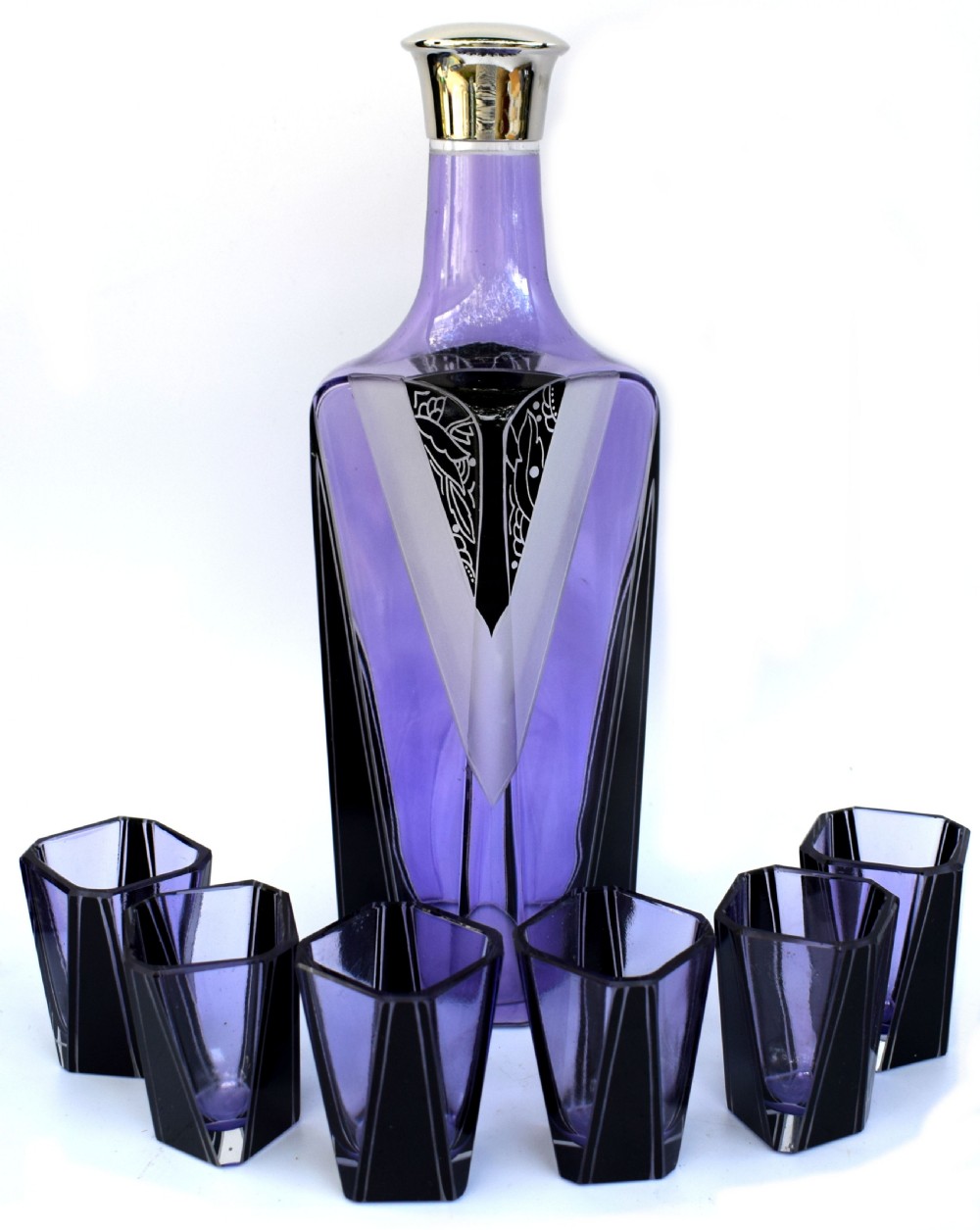 Art Deco Czech Glass Enamel Decanter Set