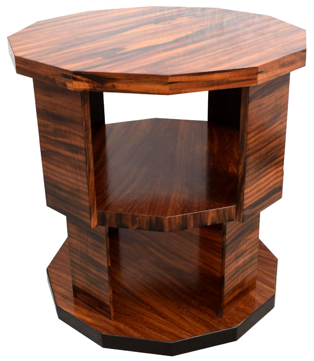 An octagonal three-tiered Art Deco revolving book table crafted from dark striped wood veneer. View VIII