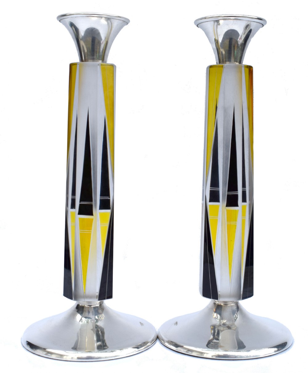 Art Deco Very Tall Matching Pair of Solid Silver & Glass Candlesticks circa 1930