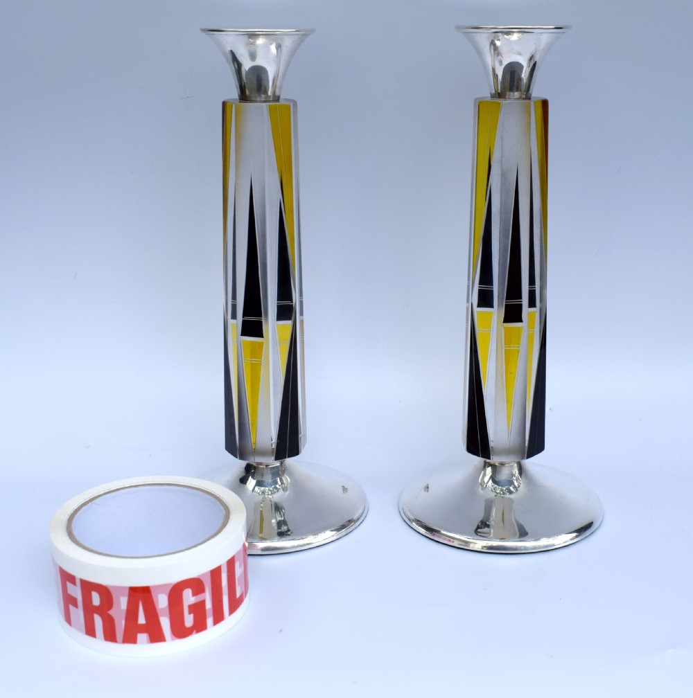 Art Deco Very Tall Matching Pair of Solid Silver & Glass Candlesticks circa 1930 View II
