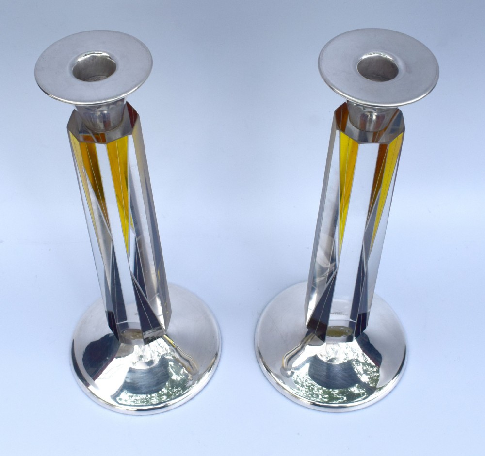 Art Deco Very Tall Matching Pair of Solid Silver & Glass Candlesticks circa 1930 View IV