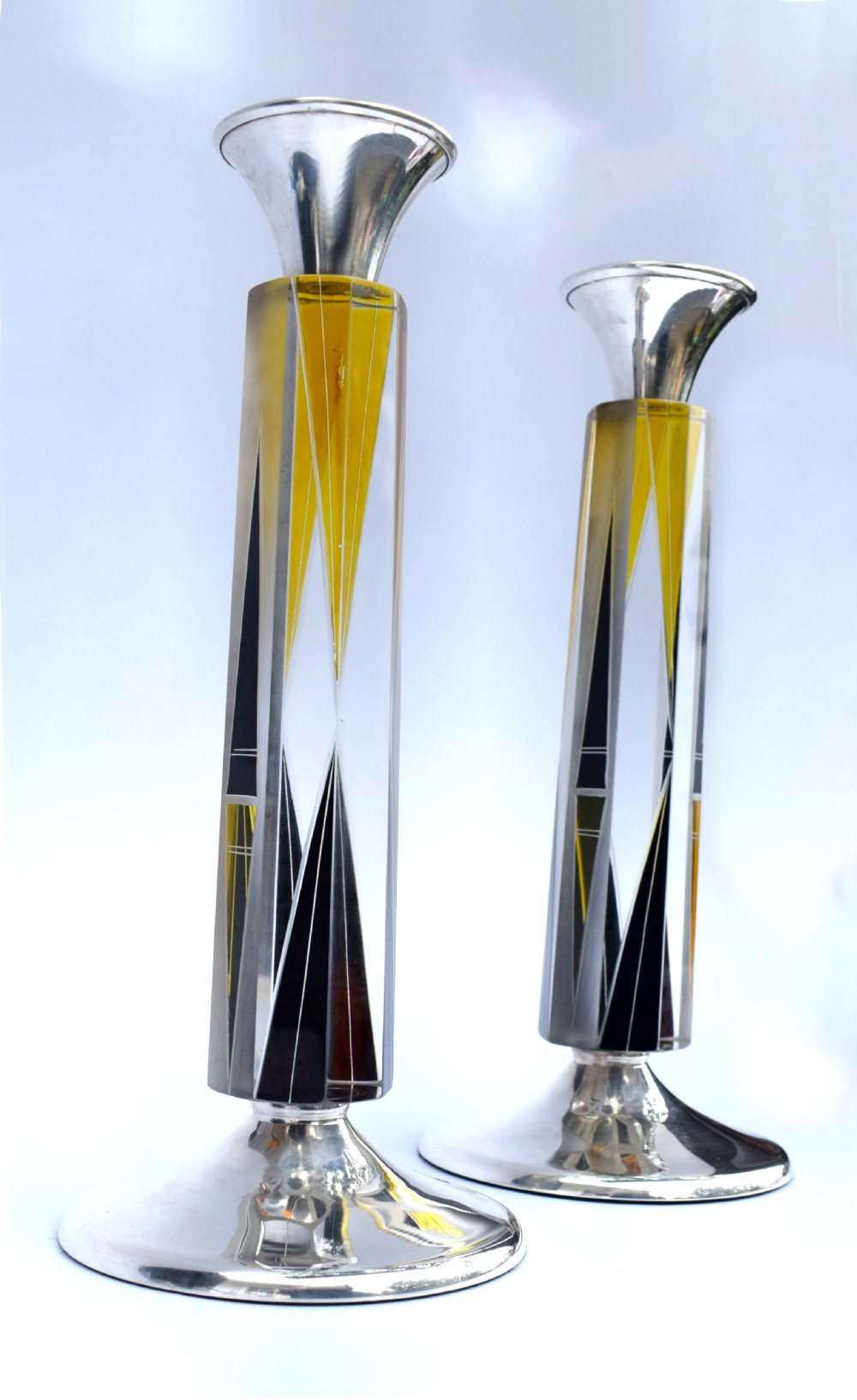 Art Deco Very Tall Matching Pair of Solid Silver & Glass Candlesticks circa 1930 View V