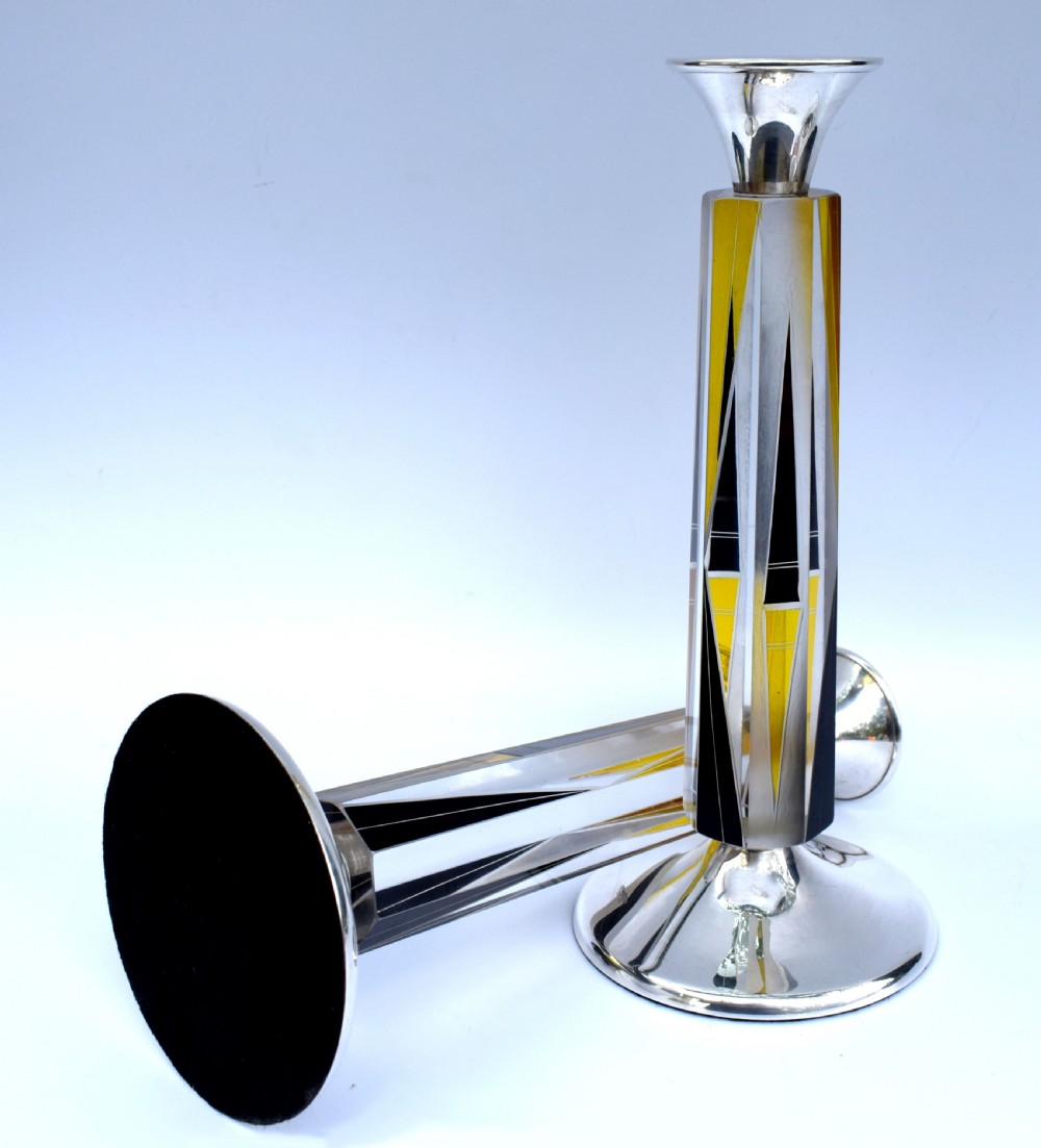 Art Deco Very Tall Matching Pair of Solid Silver & Glass Candlesticks circa 1930 View VI