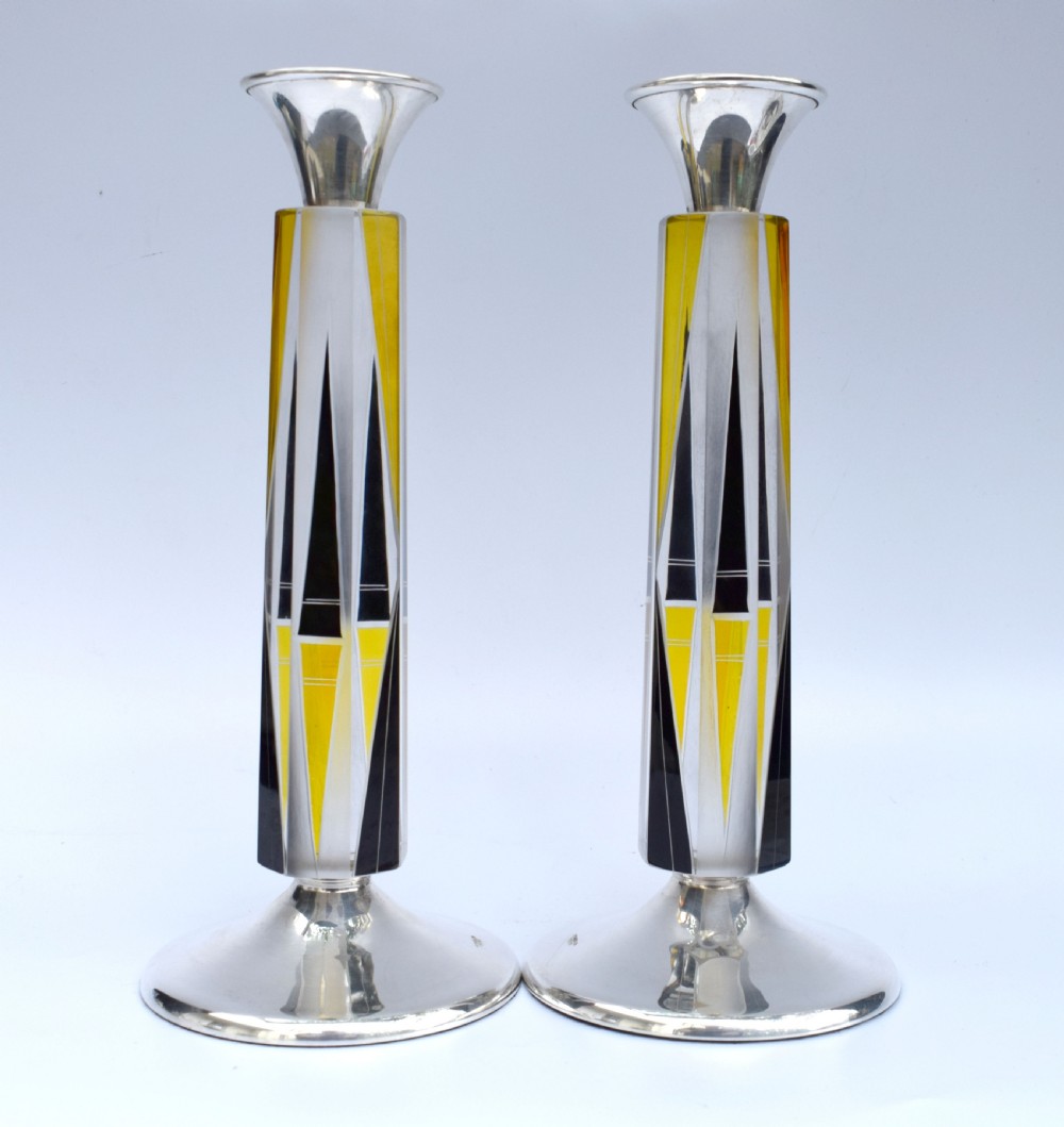Art Deco Very Tall Matching Pair of Solid Silver & Glass Candlesticks circa 1930 View VII