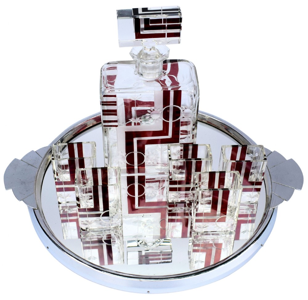 Art Deco 1930's Czech Geometric Glass Decanter Set View II