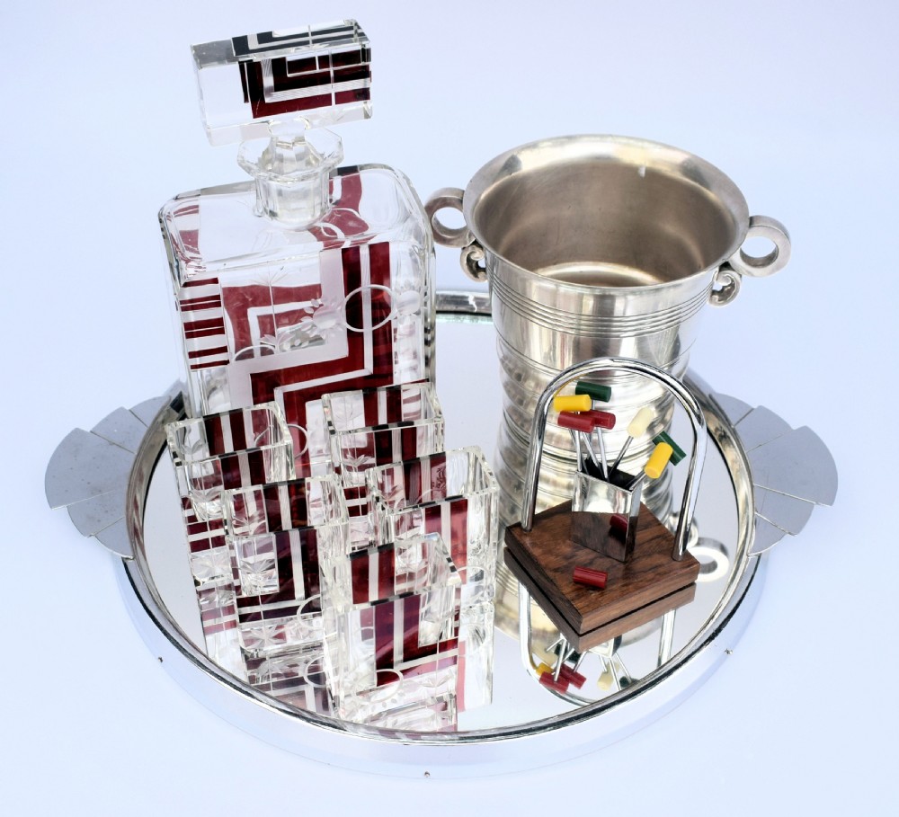 Art Deco 1930's Czech Geometric Glass Decanter Set View III