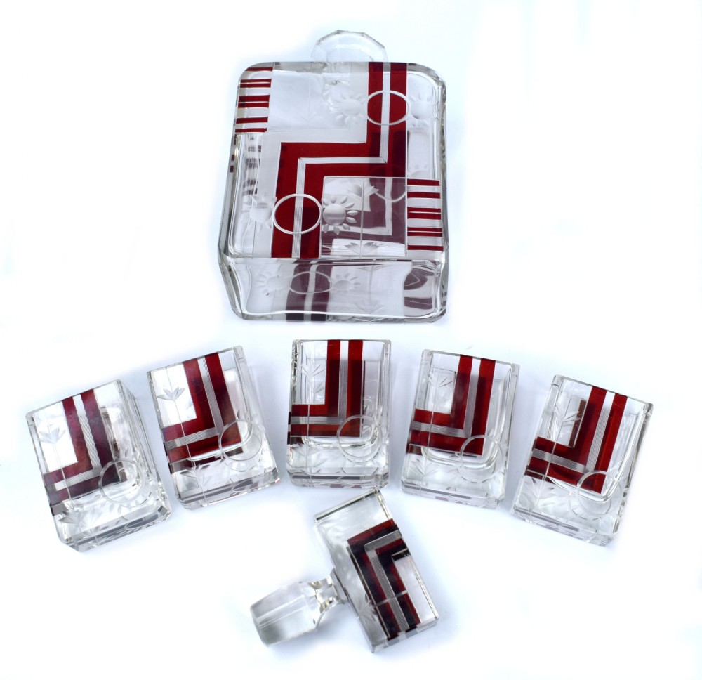 Art Deco 1930's Czech Geometric Glass Decanter Set View IV