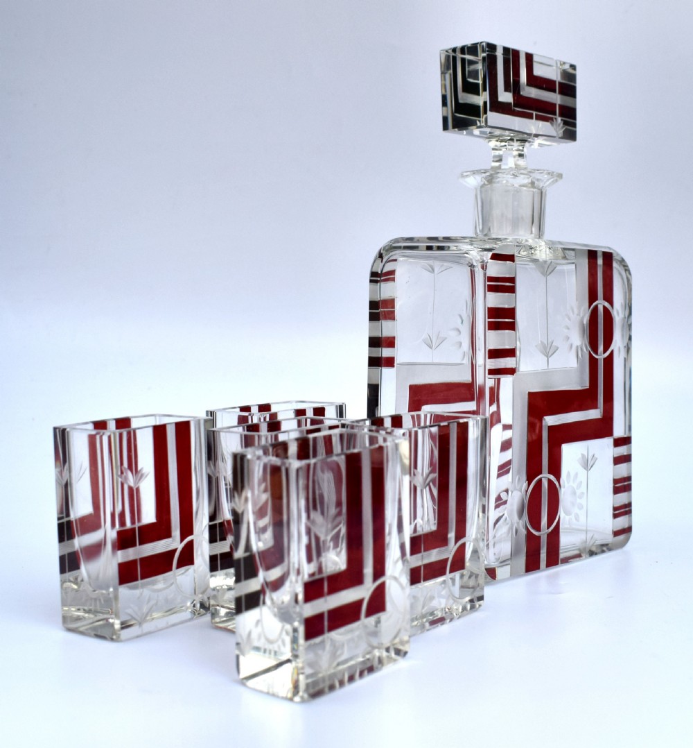 Art Deco 1930's Czech Geometric Glass Decanter Set View V