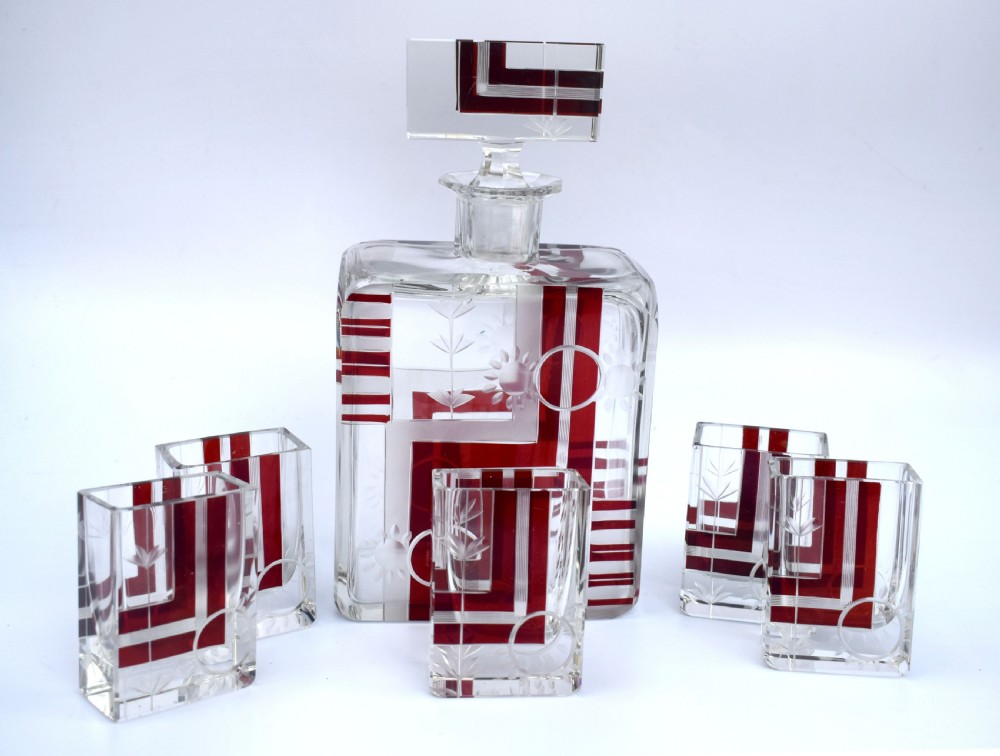 Art Deco 1930's Czech Geometric Glass Decanter Set View VI