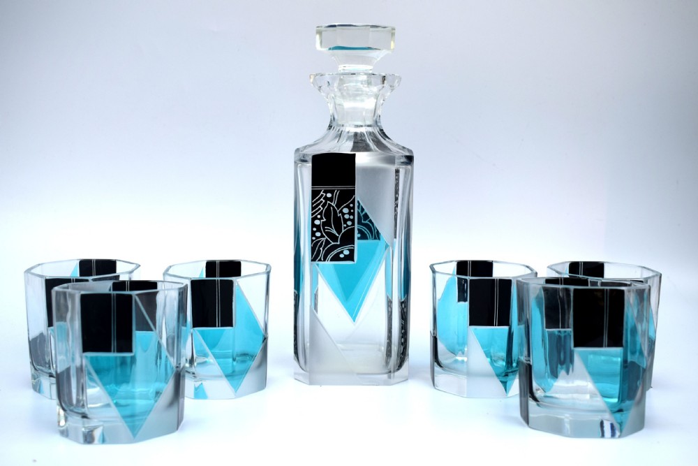Art Deco Blue & Black enamel Glass Decanter Set, c1930