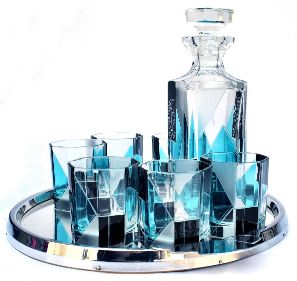 Art Deco Blue & Black enamel Glass Decanter Set, c1930 View II