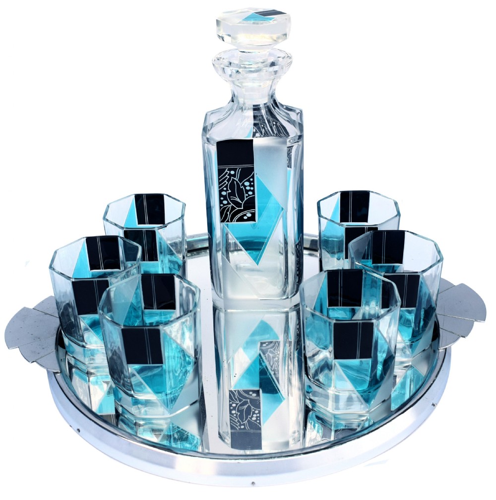 Art Deco Blue & Black enamel Glass Decanter Set, c1930 View III