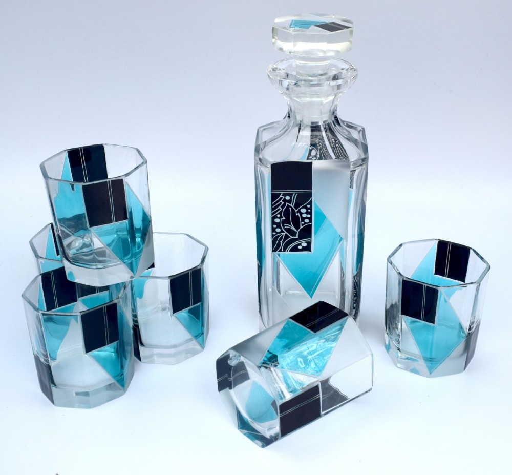 Art Deco Blue & Black enamel Glass Decanter Set, c1930 View IV