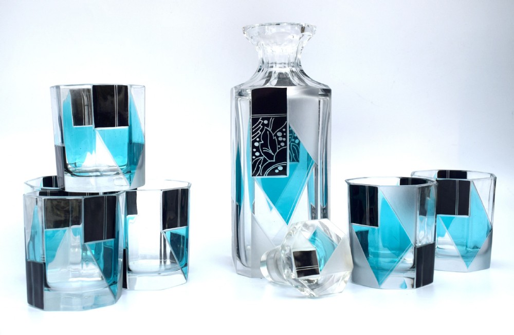 Art Deco Blue & Black enamel Glass Decanter Set, c1930 View V