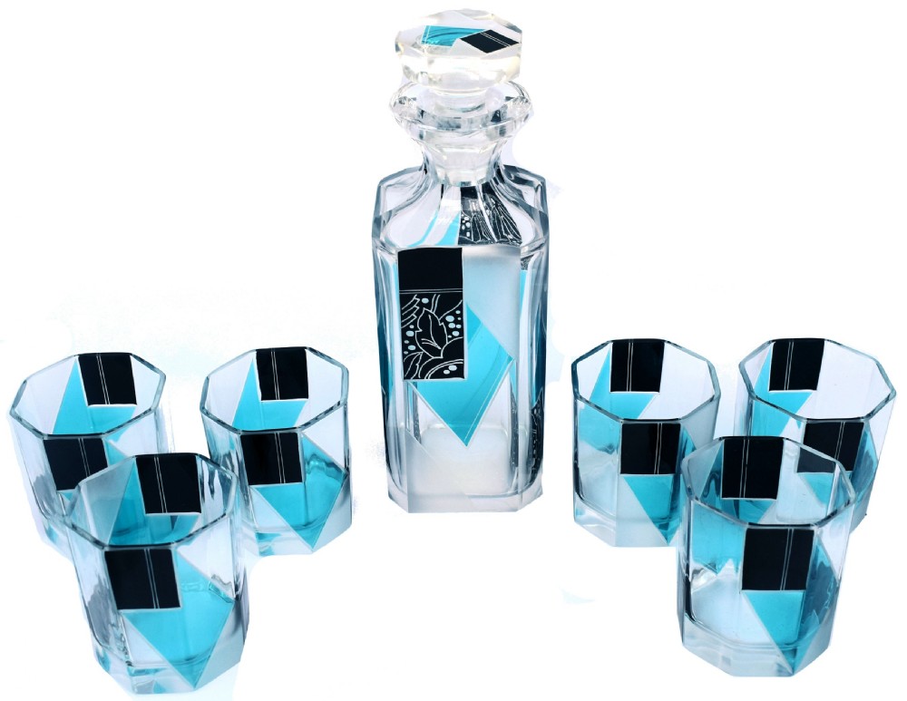 Art Deco Blue & Black enamel Glass Decanter Set, c1930 View VI