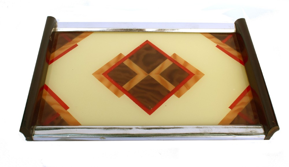Art Deco Geometric Reverse Painted Tray, 1930s 