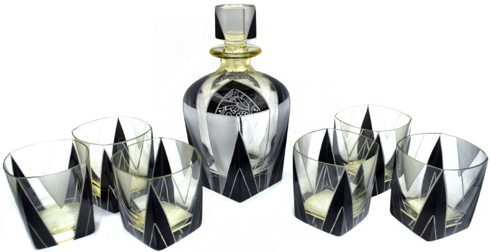 Art Deco 1930's Czech Geometric Glass Decanter Set View II