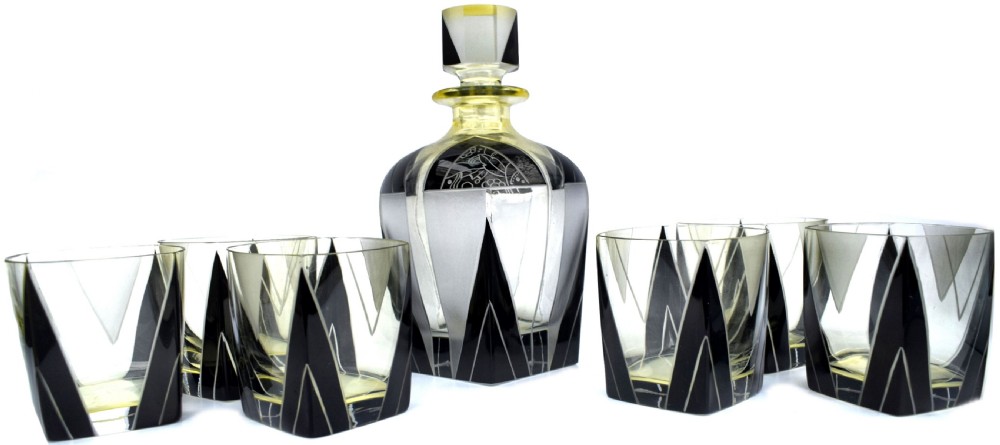 Art Deco 1930's Czech Geometric Glass Decanter Set View III
