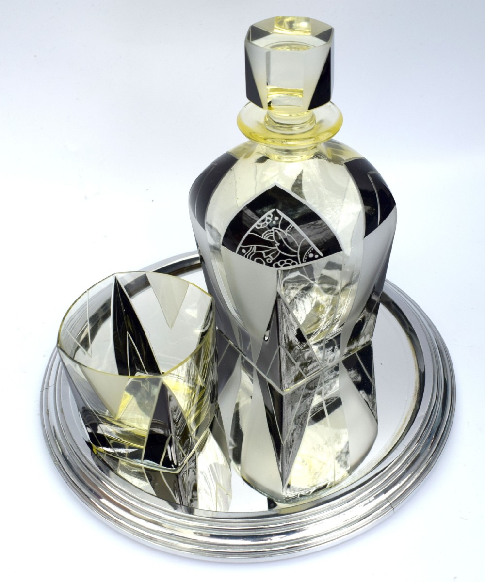 Art Deco 1930's Czech Geometric Glass Decanter Set View IV