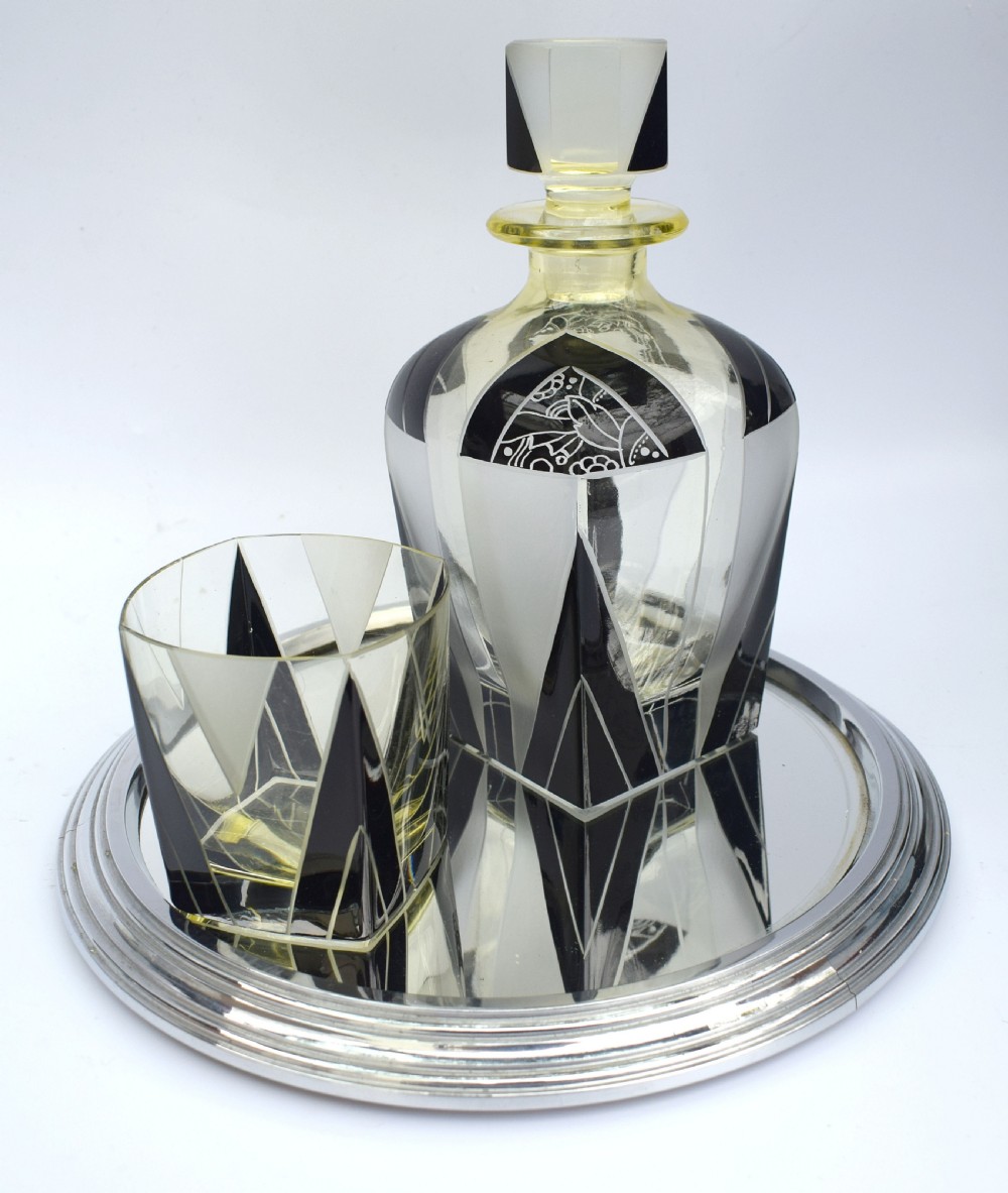 Art Deco 1930's Czech Geometric Glass Decanter Set View V