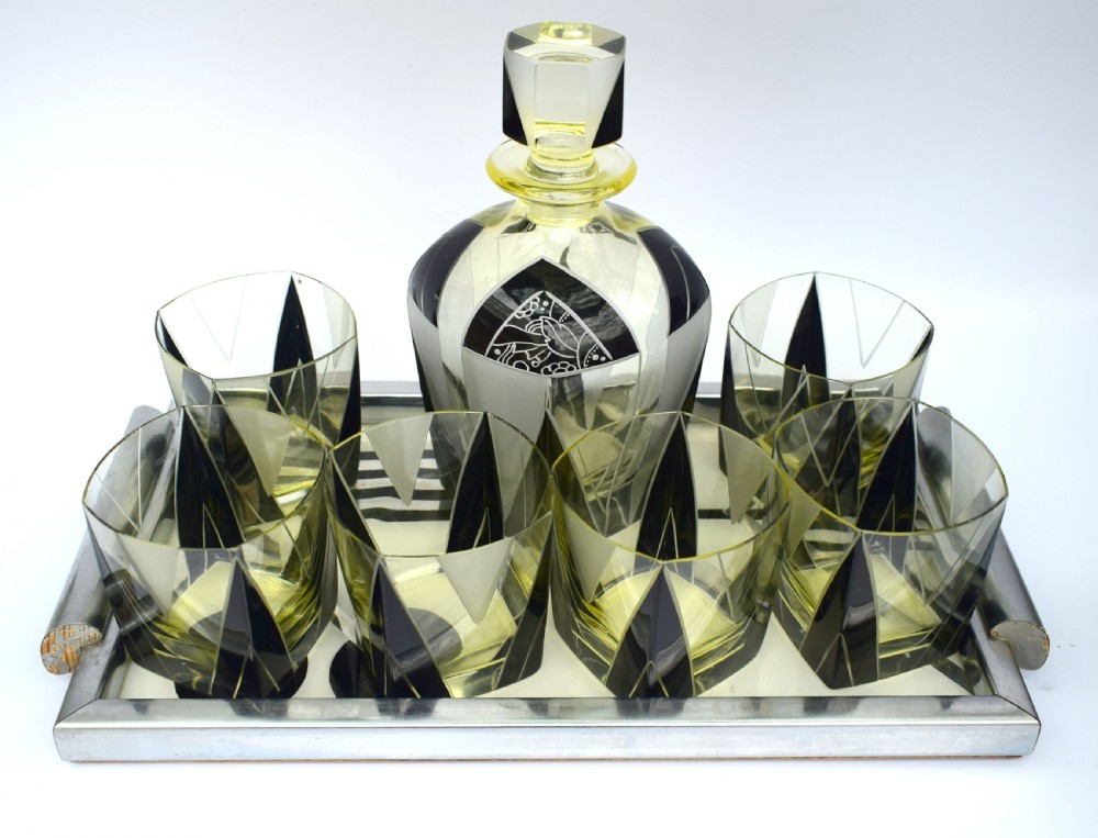 Art Deco 1930's Czech Geometric Glass Decanter Set View VI