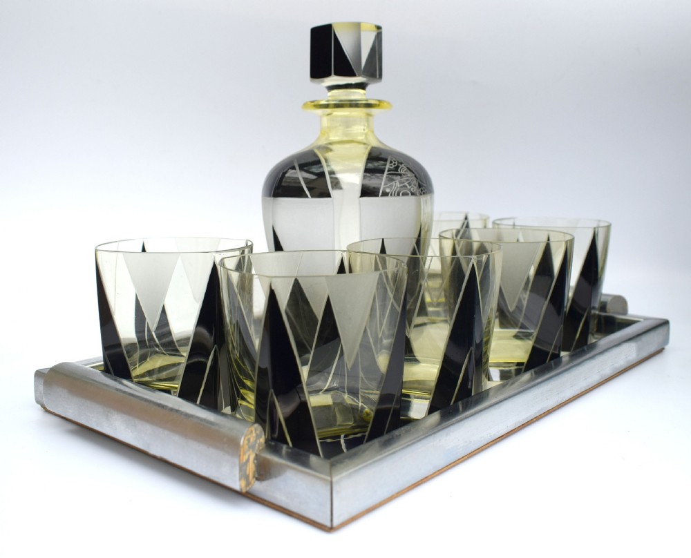 Art Deco 1930's Czech Geometric Glass Decanter Set View VII