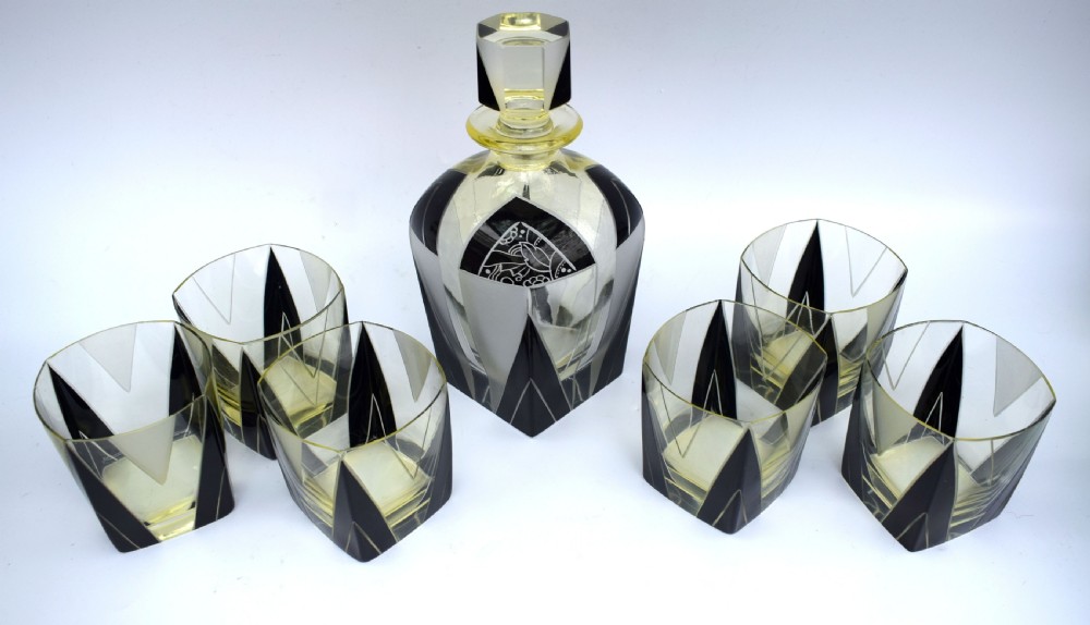 Art Deco 1930's Czech Geometric Glass Decanter Set View VIII