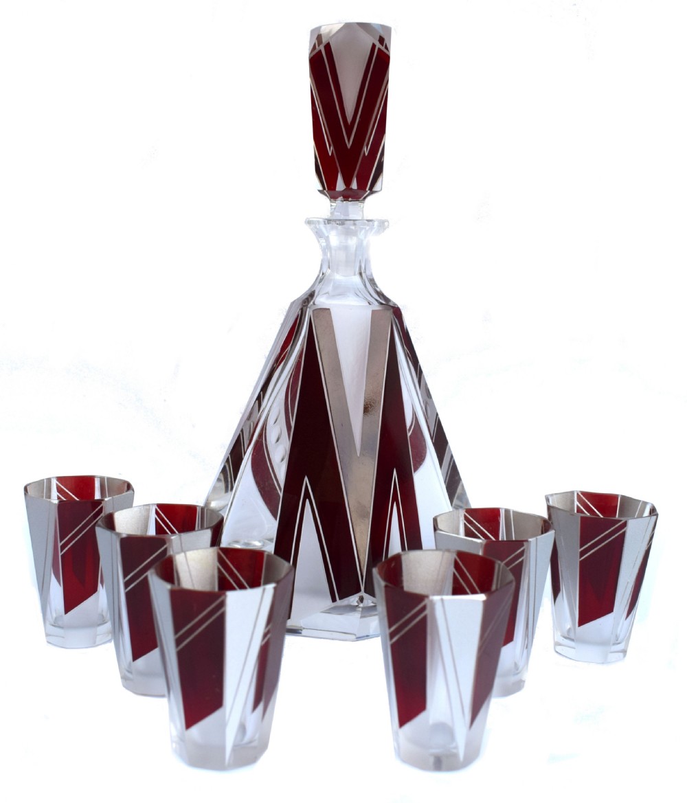 Art Deco Glass & Enamel Decanter Set, c1930