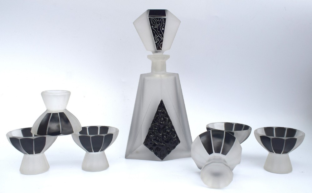 Art Deco Glass and Enamel Decanter Set, Circa 1930