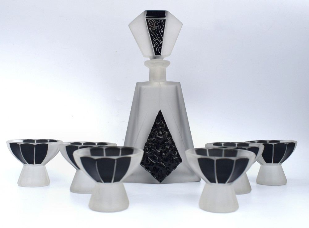 Art Deco Glass and Enamel Decanter Set, Circa 1930 View II