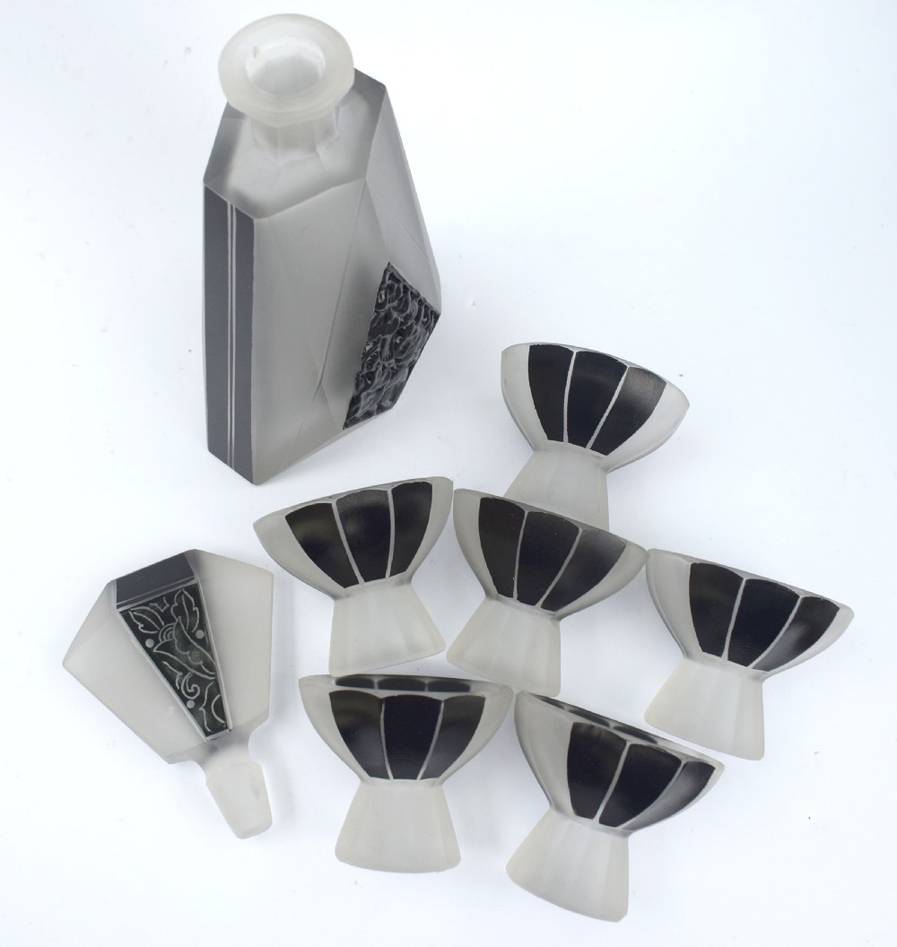 Art Deco Glass and Enamel Decanter Set, Circa 1930 View III