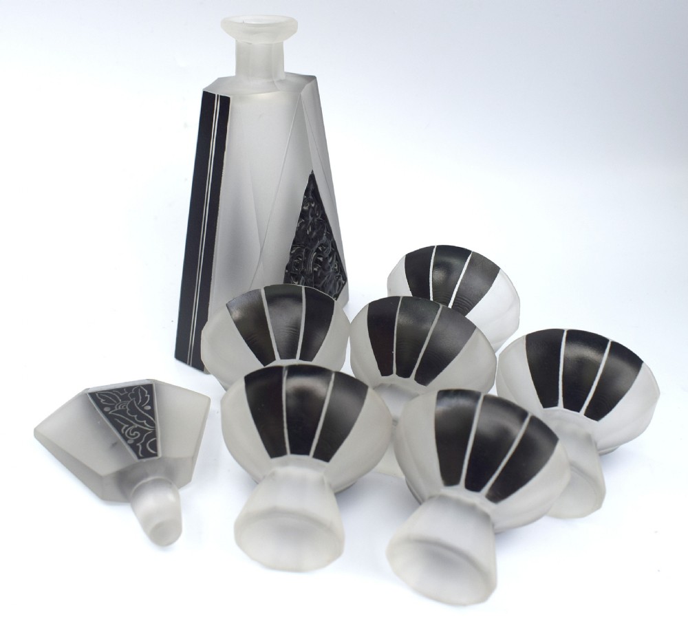 Art Deco Glass and Enamel Decanter Set, Circa 1930 View IV