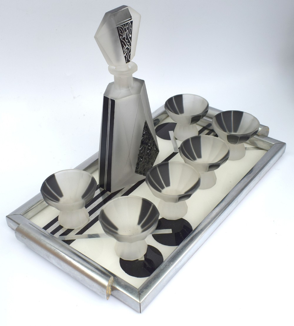 Art Deco Glass and Enamel Decanter Set, Circa 1930 View V