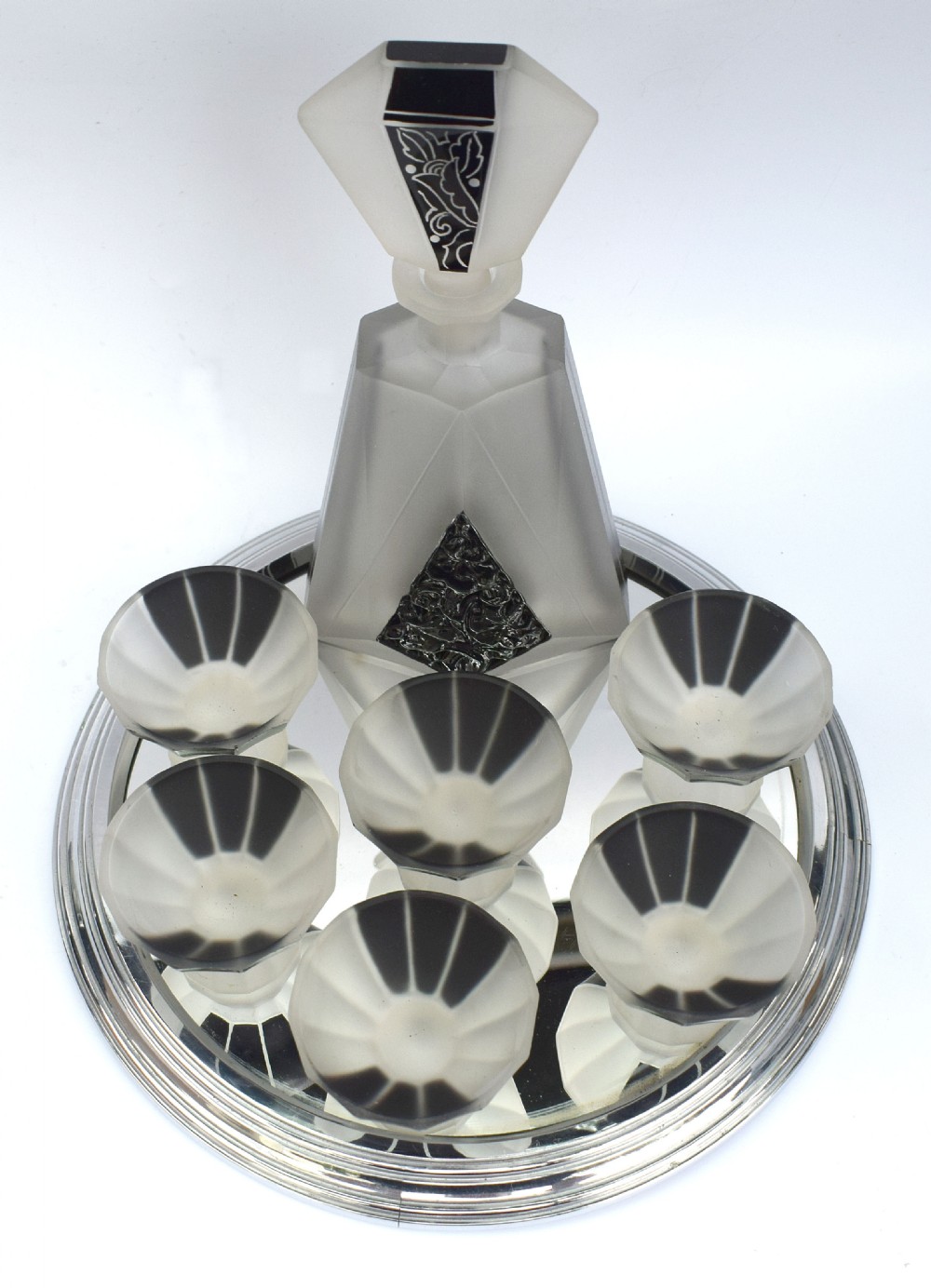 Art Deco Glass and Enamel Decanter Set, Circa 1930 View VII