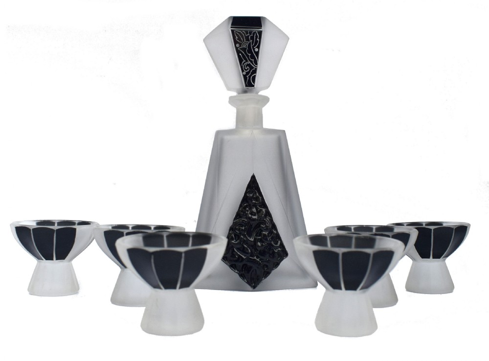 Art Deco Glass and Enamel Decanter Set, Circa 1930 View VIII