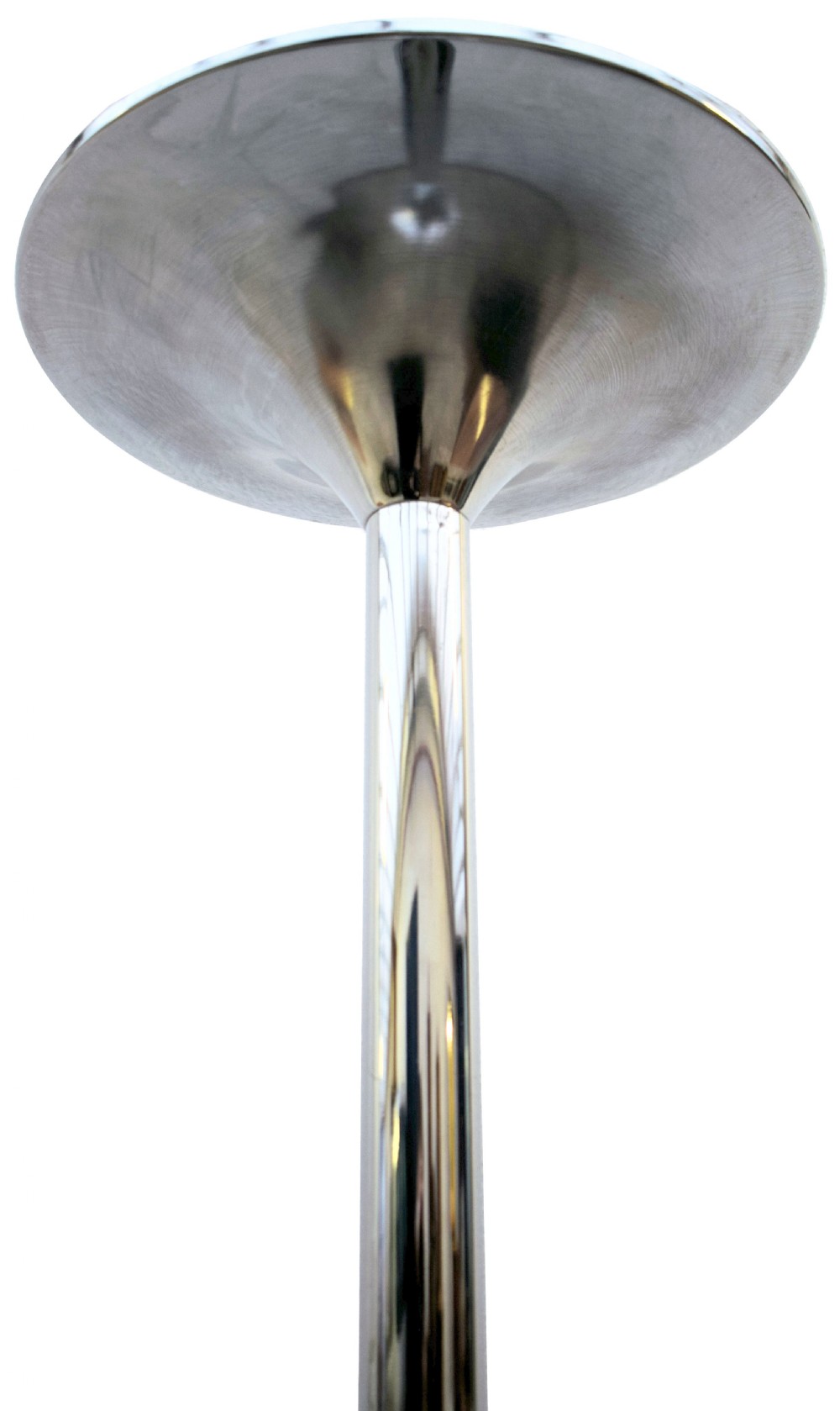 A tall 1930s Art Deco floor lamp made of polished chrome featuring a flared trumpet-shaped shade, slender central pole, and circular trumpet base. View IV
