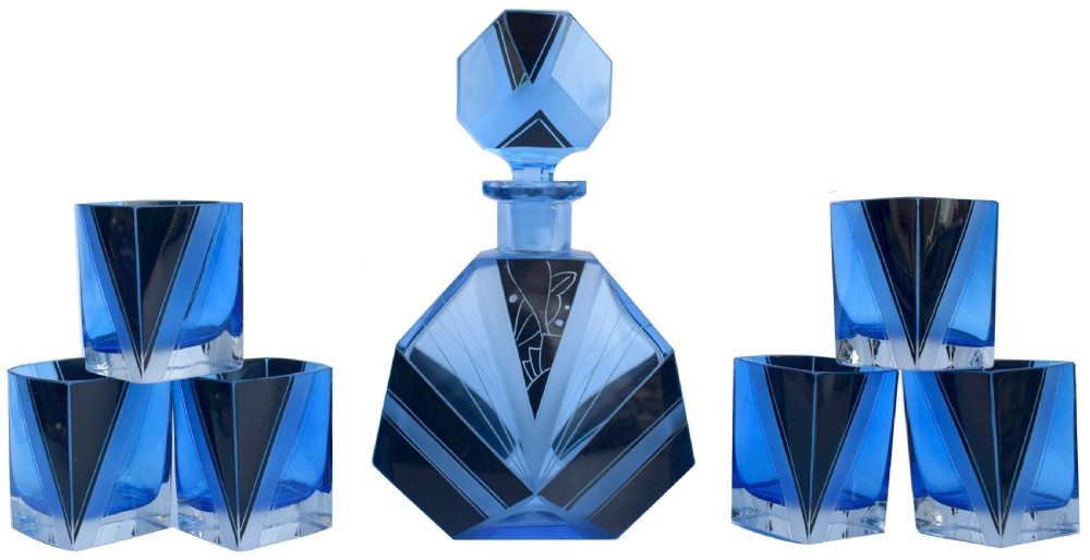 Art Deco Blue Glass Whisky Decanter Set, c1930