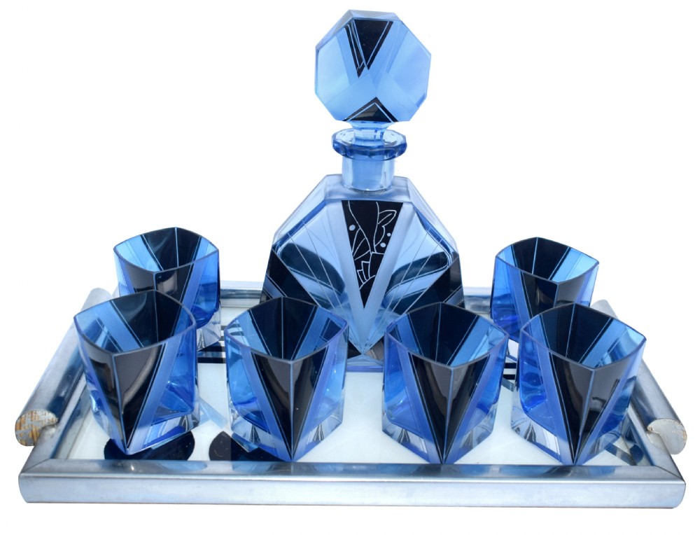 Art Deco Blue Glass Whisky Decanter Set, c1930 View II