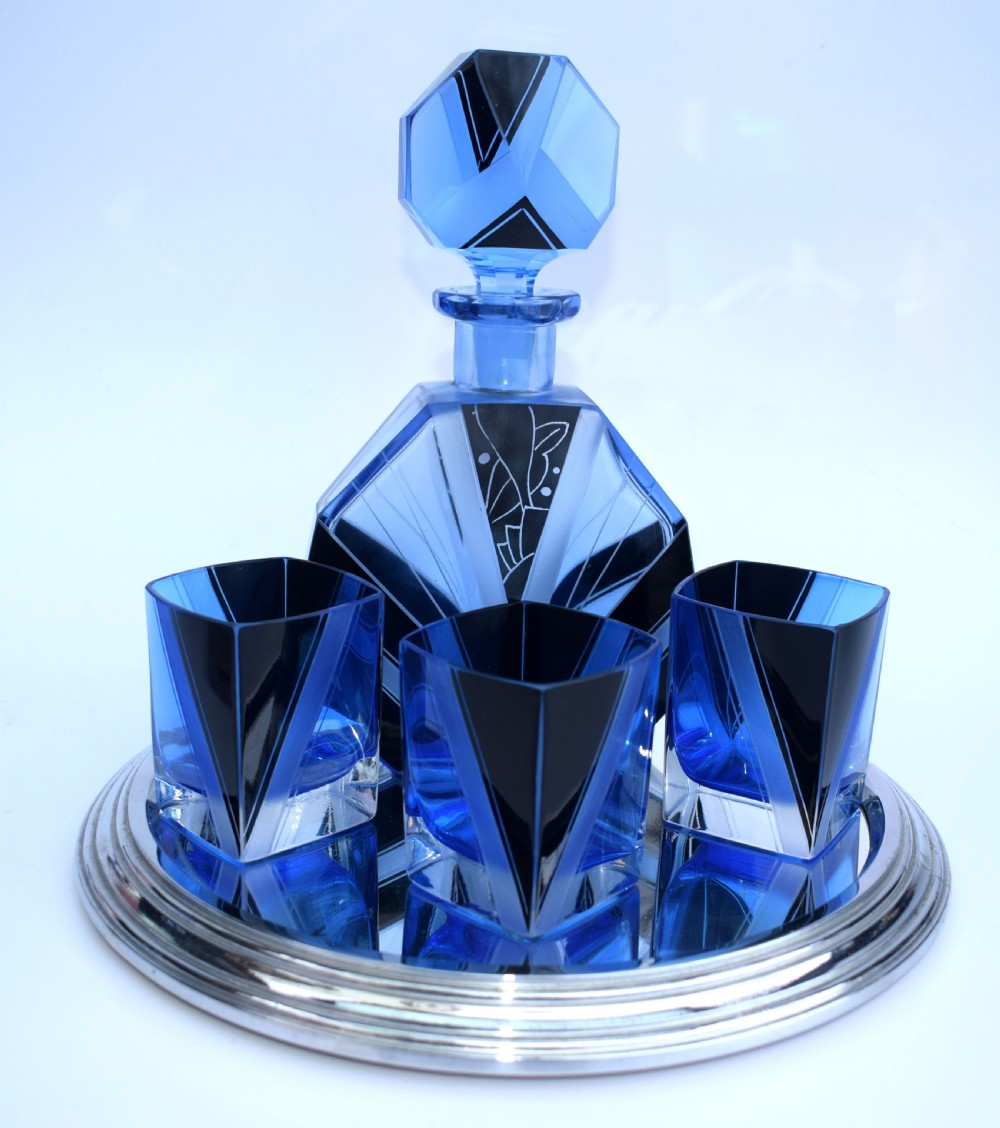 Art Deco Blue Glass Whisky Decanter Set, c1930 View IV