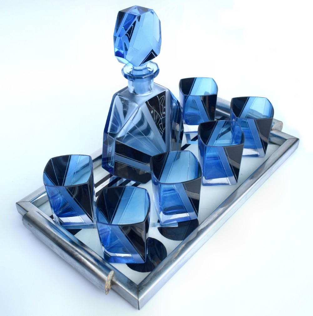 Art Deco Blue Glass Whisky Decanter Set, c1930 View V