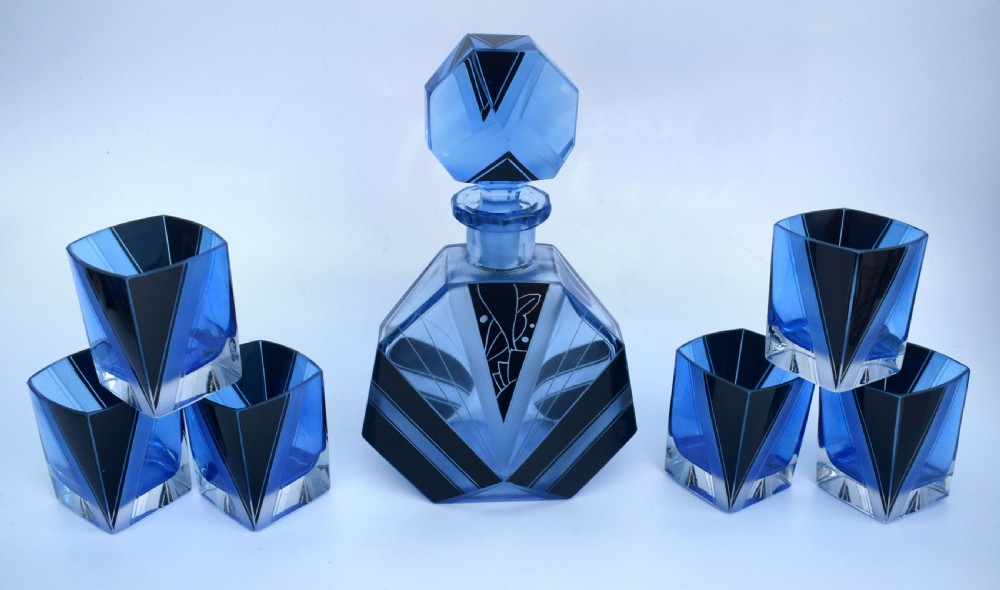 Art Deco Blue Glass Whisky Decanter Set, c1930 View IX